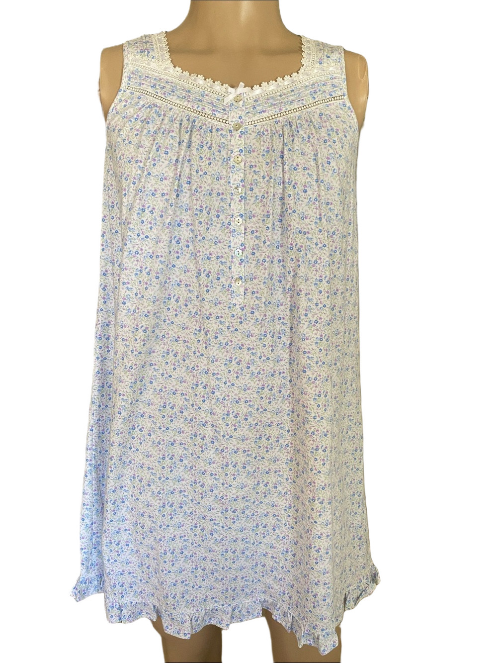 Eileen West Blue & White Knit Cotton Floral Sleeveless Nightgown